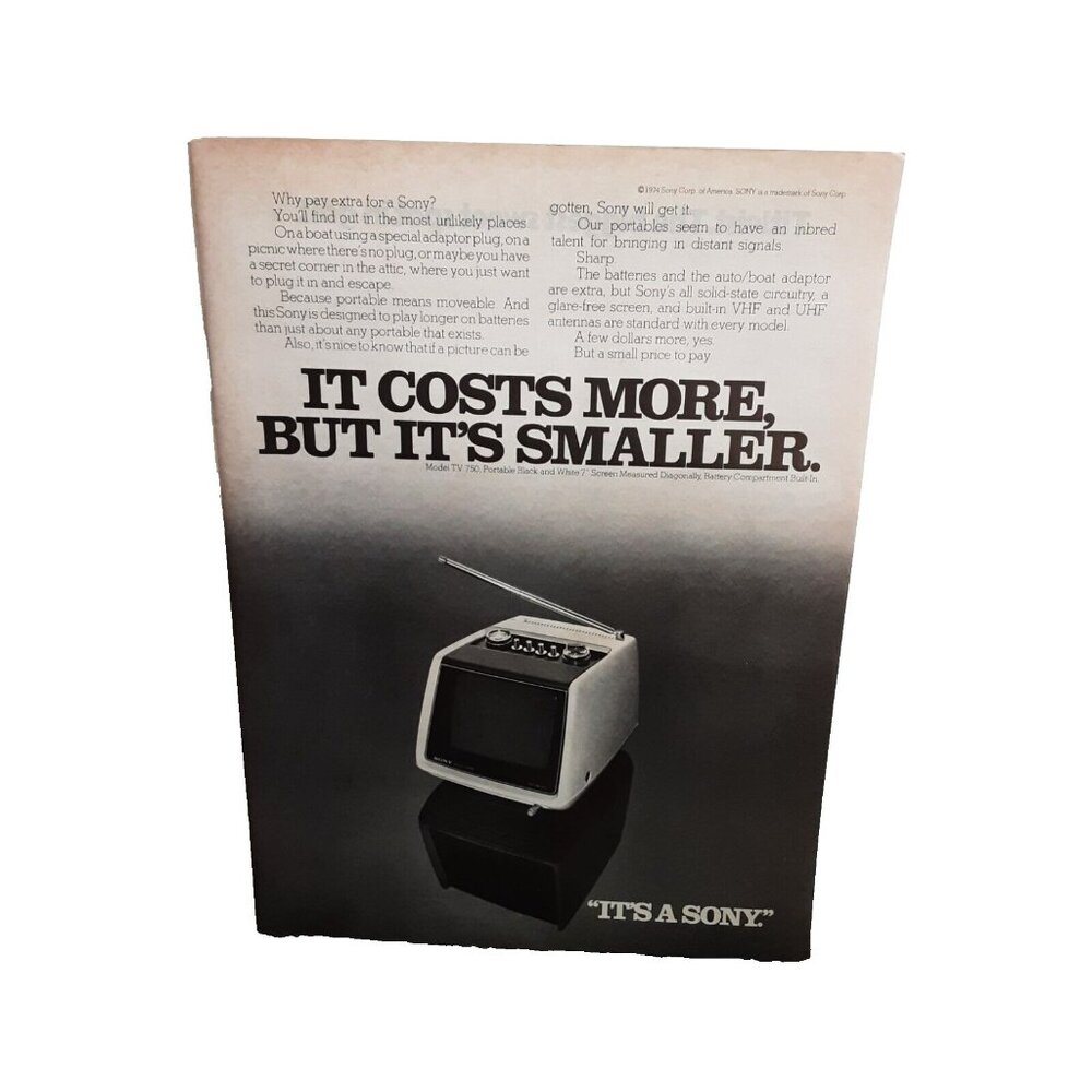 1974 Sony Mini Portable TV Television Original Print Ad 70s